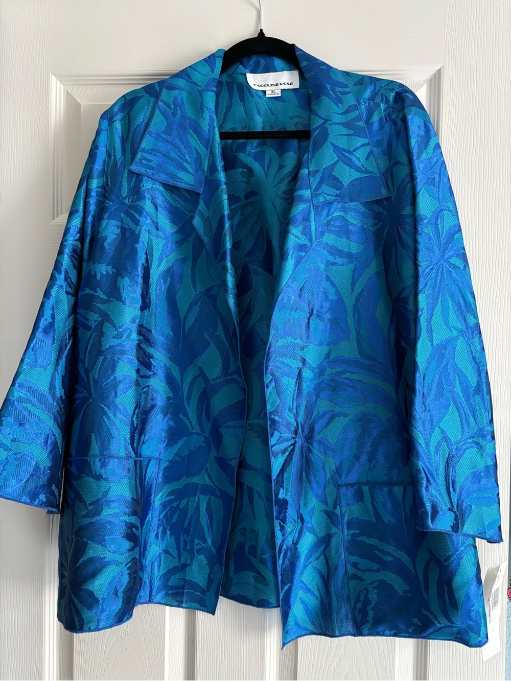NWT Caroline Rose Blue Teal Floral Jacquard Jacket